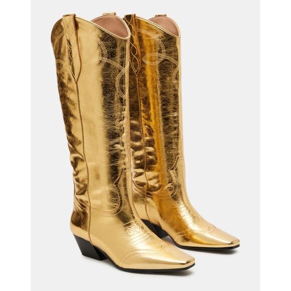 Steve Madden Dollie Gold Leather Boots Gold - Picture 4 of 4